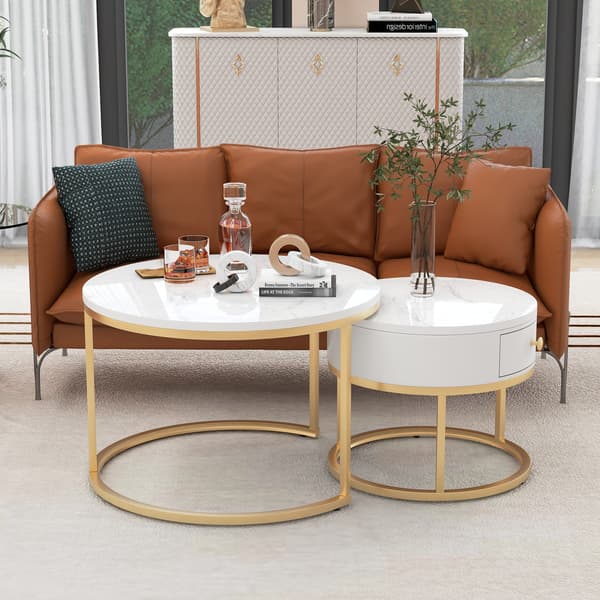 SONNENH Soffbord – set med 2, MDF, Högblank vit, 70 × 70 × 45 cm