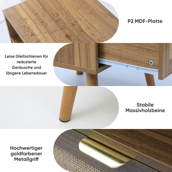 SONNENH Sengebord, MDF / Spånplade / Rattan, Valnød, 45 × 40 × 55 cm