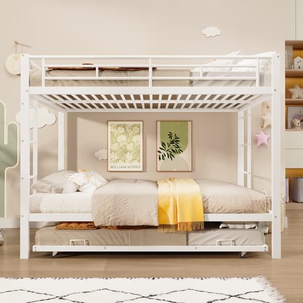 SONNENH 140 * 200cm bunkseng, Iron Frame Bed, Børneseng, udstyret med Pull- out Bed, High Railings, uden Mattress, White