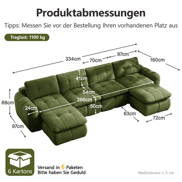 SONNENH U-formet sofa, Chenille, Grøn, 334 × 160 × 68 cm