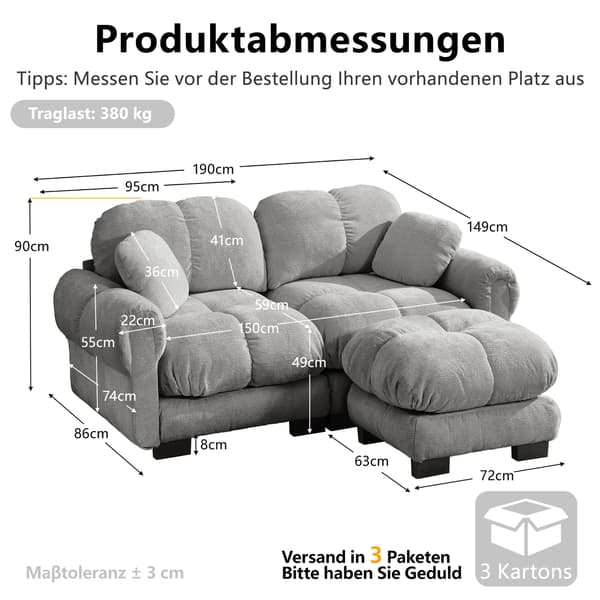 SONNENH 2-sitsig Chenille Sofa, L-formad Modular Corner Sofa, Fine Quilted Design, Elegant Style, Thick Seat Cushions, Soft & Supportive