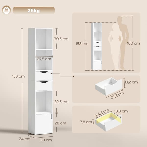 SONNENH Reol, MDF, Hvid, 30 × 24 × 158 cm