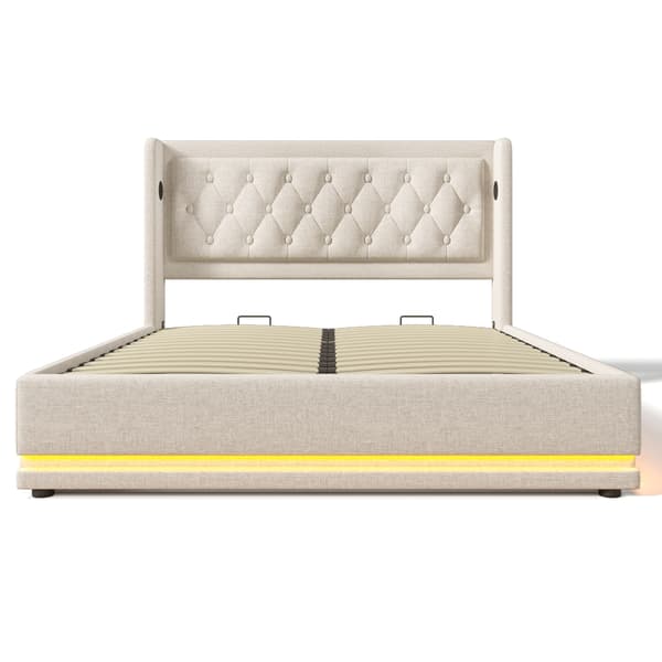 Sängram med förvaring, beige, med förvaring, med lyftförvaring, med LED