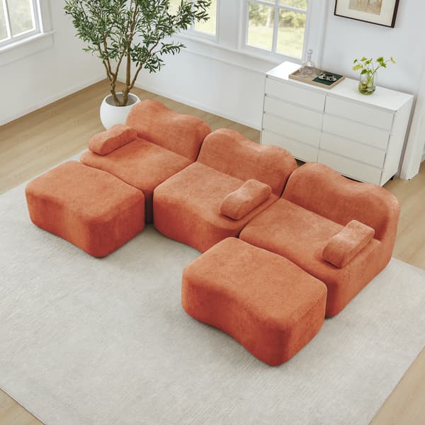 SONNENH 3 Seater U-formad Modular Boneless Sofa med 2 Ottomans, 32D High Density Foam, Wave Shape, Deep Seat, Movable Armrest Cushion