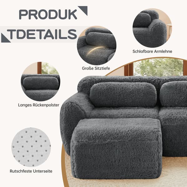 SONNENH Boneless Cloud Sofas, Soft Fluffy Plush Fabric, Modular Sofa Bed med 3 Ottomans, 3 Seater Sofas, Bekväm soffa för vardagsrum, grå