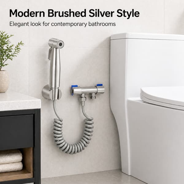 Bidéduschset i borstat rostfritt stål, 2 m slang, hållare och G1/2–G3/8-adapter, silver