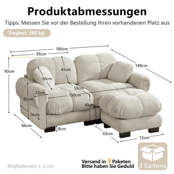 SONNENH 2-sitsig Chenille Sofa, L-formad Modular Corner Sofa, Fine Quilted Design, Elegant Style, Thick Seat Cushions, Soft & Supportive