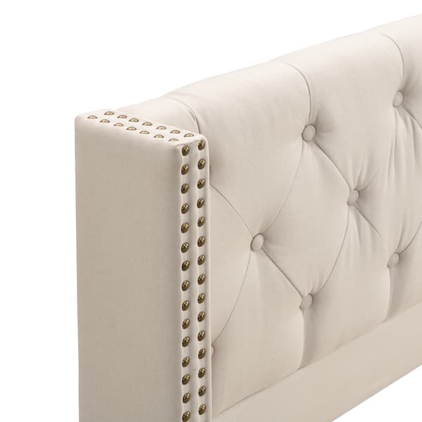 Stoppad sängram, beige, med sänggavel
