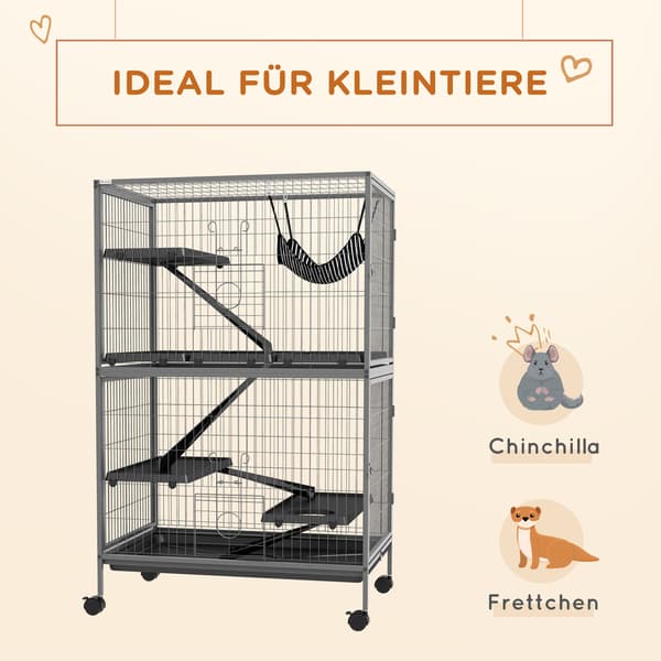 SONNENH Bur til gnavere Multifunktionelt 4 platforme 3 ramper 4 døre Mål 80L x 52B x 128H cm Stål Grå Sølv Sort