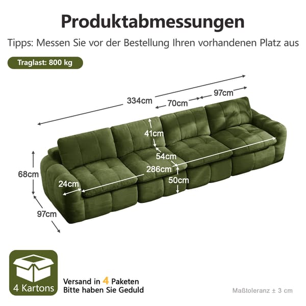 SONNENH Sofa, Chenille, Grøn, 334 × 97 × 68 cm