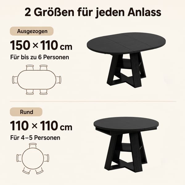 SONNENH Spisebord, MDF, Sort, 150 × 110 × 75 cm