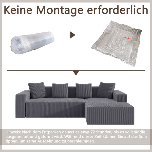 SONNENH Hjørnesofa, Fløjl, Grå, 261 × 146 × 65 cm