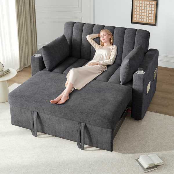 SONNENH Modern multifunctionell soffa, bäddsoffa, bäddsoffa med sovfunktion, dubbelsoffa med justerbart ryggstöd, med kopp hållare och kudde