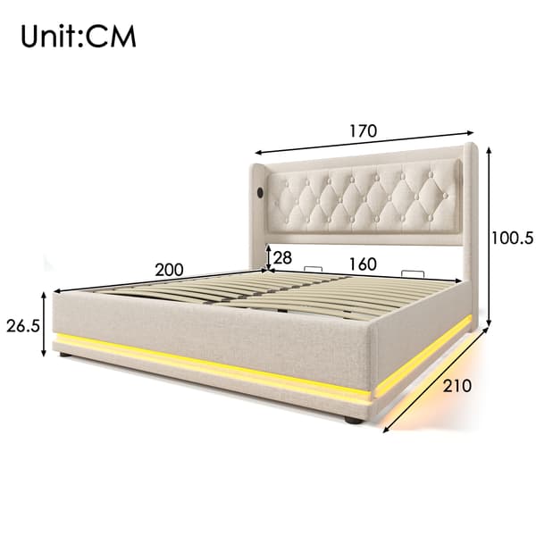 Sängram med förvaring, beige, med förvaring, med lyftförvaring, med LED