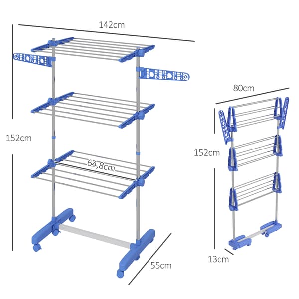 SONNENH Tørretårn med hjul, 3 niveauer, foldbare sidevinger, stålblå