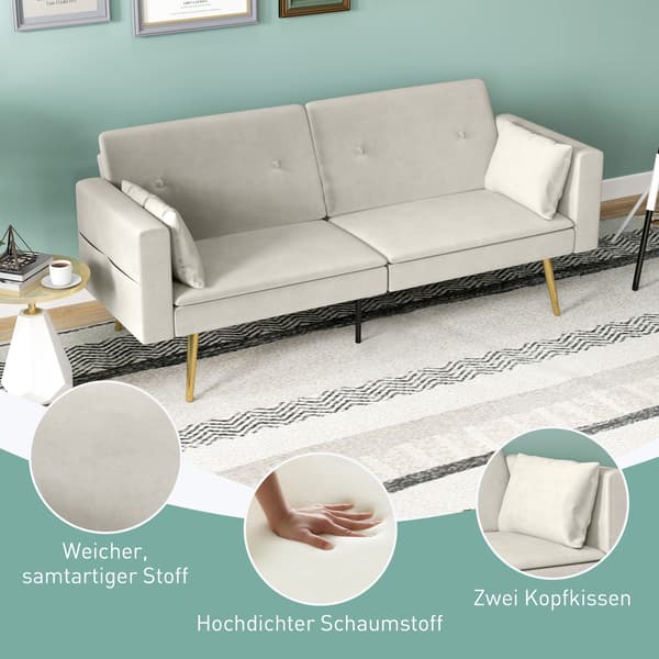 SONNENH Bäddsoffa, bäddsoffa med justerbar ryggstöd, sidoficka, stoppad 2-sits soffa med sovfunktion, kuddar, för vardagsrum, sovrum, beige