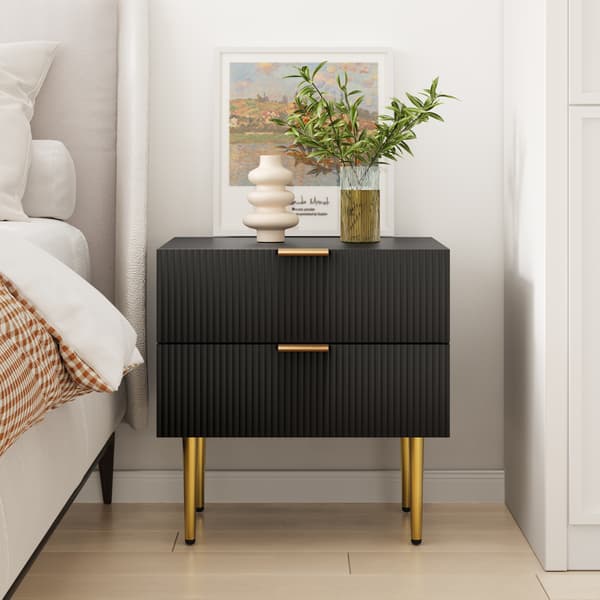 SONNENH Black Wave Pattern Bedside Table med 2 Drawers sovrumssängbord Modern sängbord med metall ben 1 bit