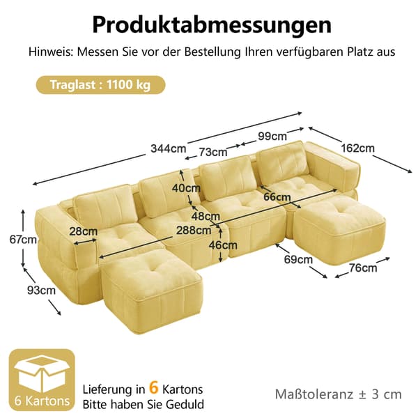 SONNENH U-formet sofa, Polyester, Gul, 344 × 162 × 67 cm