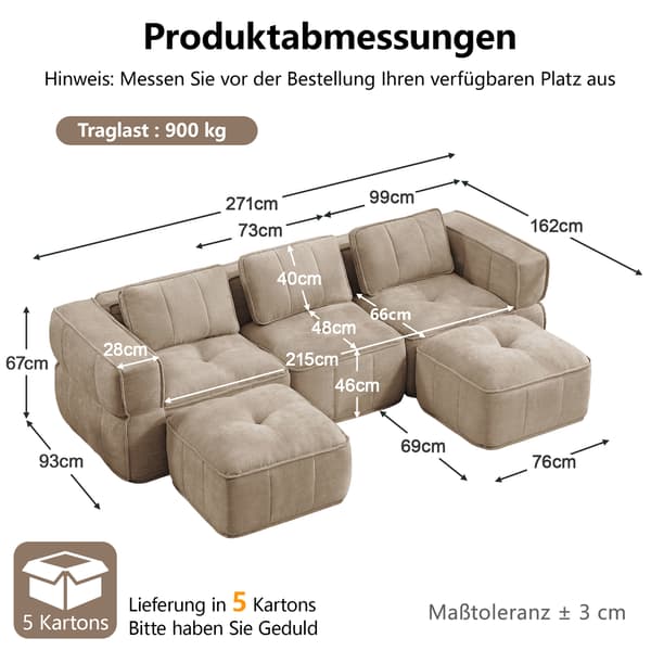 SONNENH 3-sitssoffa, Polyester, Sandfärgad, 271 × 162 × 67 cm
