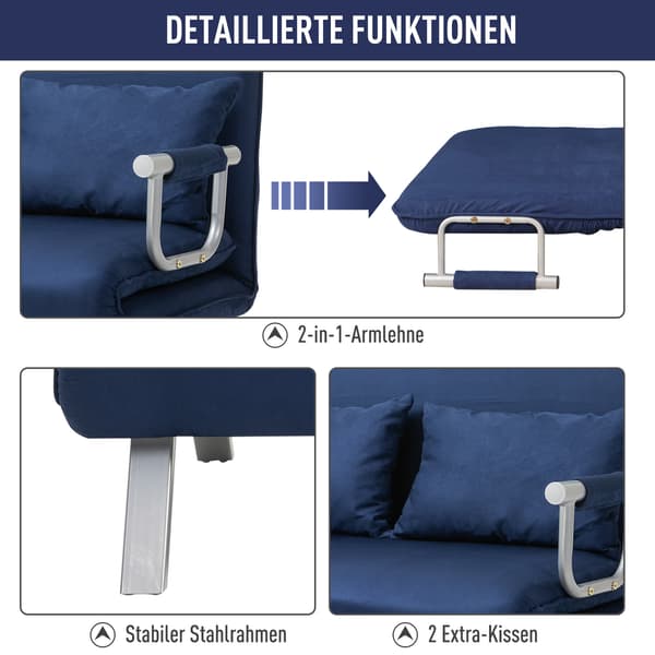 SONNENH Bäddsoffa, 2-sits soffa med sovfunktion och justerbart ryggstöd, soffa med prydnadskuddar i sammetlook