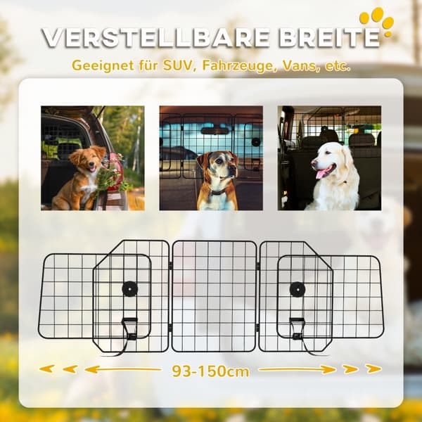 SONNENH Bilgitter til hunde, justerbart 93-150 cm, foldbart, nem montering, stål, sort