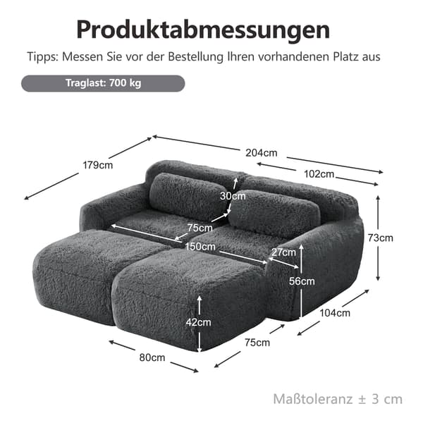 SONNENH Boneless Cloud Sofas, Soft Fluffy Plush Fabric, Modular Sofa Bed med 2 Ottomans, två Seater Sofas, Monteringsfri, bekväm soffa för vardagsrum