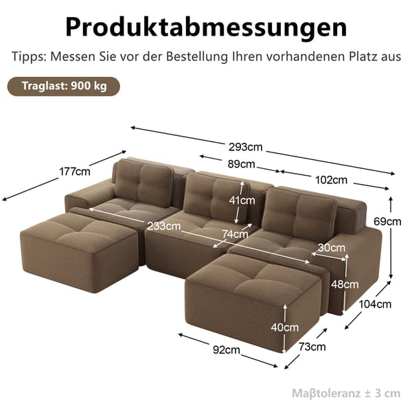 SONNENH Cloud Modular Sofa Boneless U Shaped Sofa, Modular Sofa med Ottoman, Modular Cloud Sofa, 3 Seater Corduroy Cloud Sofa för vardagsrum