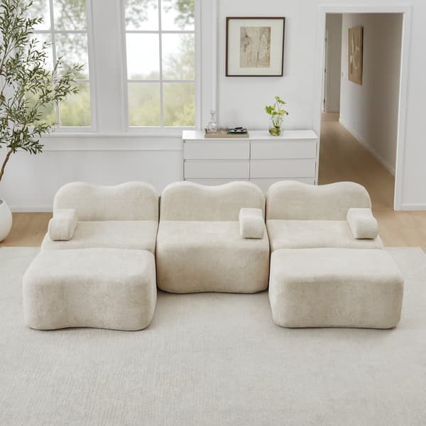 SONNENH 3 Seater U-formad Modular Boneless Sofa med 2 Ottomans, 32D High Density Foam, Wave Shape, Deep Seat, Movable Armrest Cushion