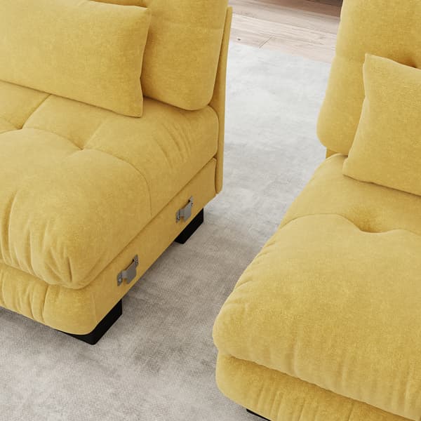 SONNENH Cloud Corner Sofa til stue, Chenille Double Sofa med 2 Lumbar Cushions og 2 Dekorative Cushions, Solid træ ramme, Gul