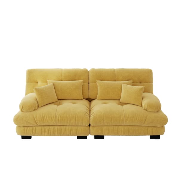 SONNENH Cloud Corner Sofa til stue, Chenille Double Sofa med 2 Lumbar Cushions og 2 Dekorative Cushions, Solid træ ramme, Gul