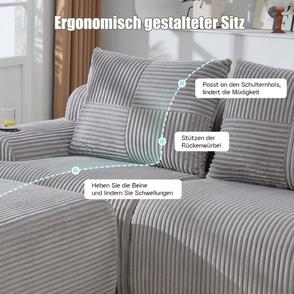 SONNENH Sofa, Fløjl, Lysegrå, 268 × 174 × 80 cm