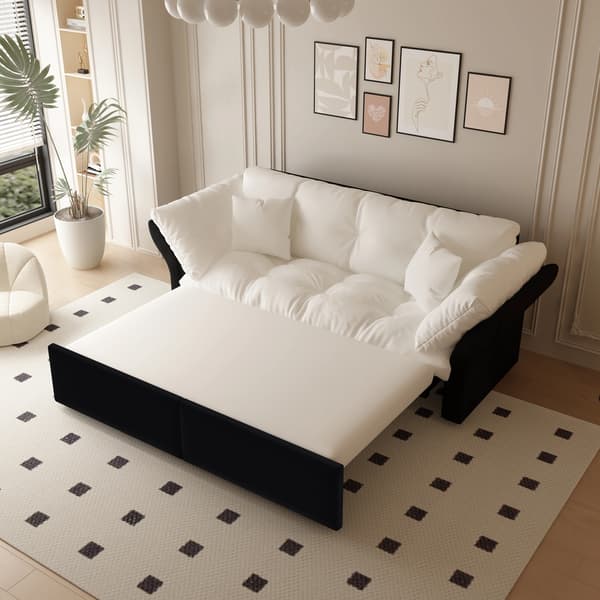 SONNENH 190 cm Queen- Size Pull- Out Sofa, 3- -1 Konvertible Sofa Bed med Tufting og 2 Soft Cushions, Multifunktionel Velour Sofa Bed, Beige / White