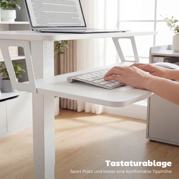 SONNENH Højdejusterbart stå-sid bord, rulbart stå-sid bord med tastaturbakke, hjul og stålstel, hvid