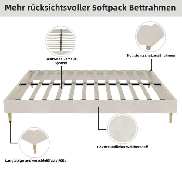 Stoppad sängram, 160 x 200 cm, beige, med sänggavel