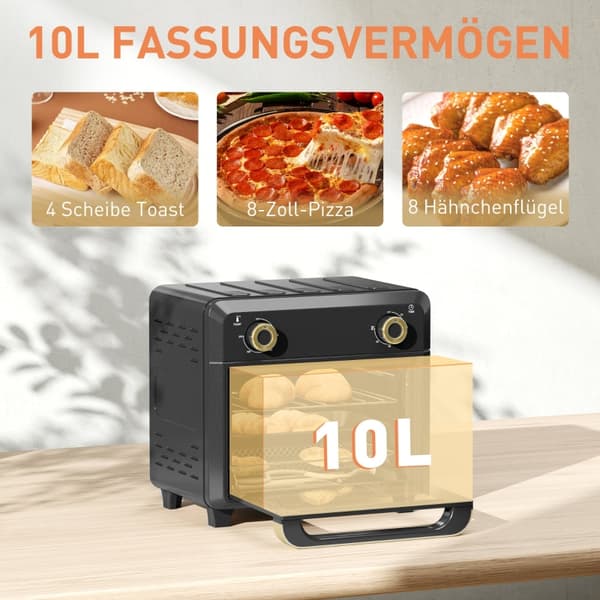 SONNENH Miniovn med varmluft, airfryer, timer, indvendig belysning, 10L, sort