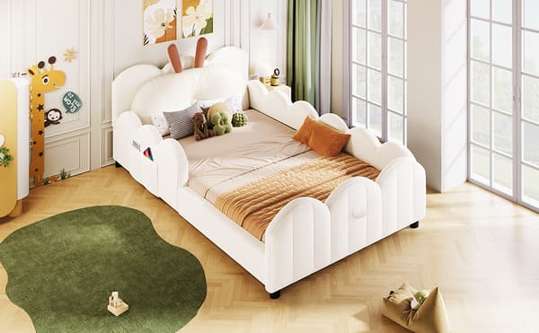 SONNENH 90x200 stoppad plattformsäng med kaninformade kuddar, beige