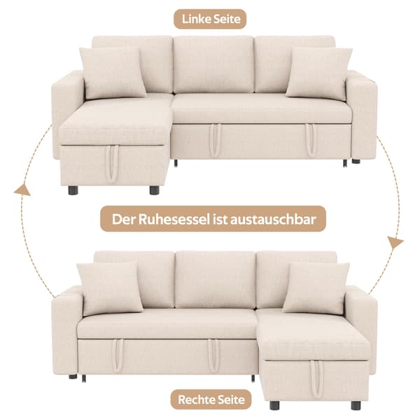 SONNENH Bäddsoffa, Linnelook, Beige, 219,5 × 142,5 × 83 cm