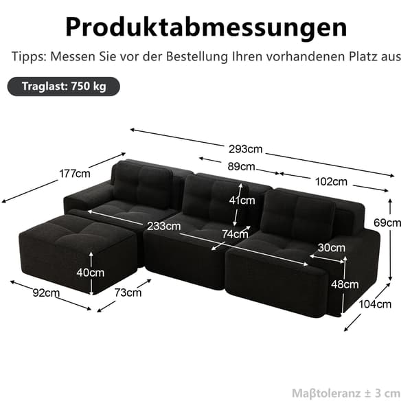 SONNENH Cloud Modular Sofa Boneless L Shaped Sofa, Modular Sofa med Ottoman, Modular Cloud Sofa, 3 Sæder Corduroy Cloud Sofa til levende værelse