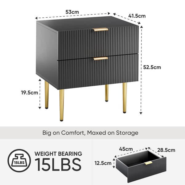 SONNENH Black Wave Pattern Bedside Table med 2 Drawers sovrumssängbord Modern sängbord med metall ben 1 bit