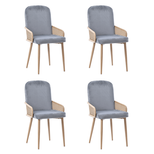 SONNENH Sammet Matstol, Set om 4, Rattandesign, Vardagsrum, Sovrum, Med fyra metallben (träeffekt), Grå