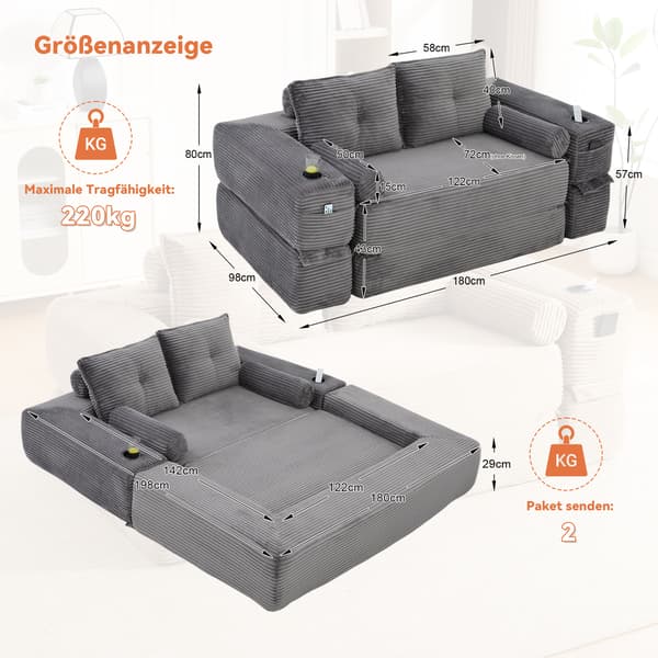 SONNENH Sofa, Fløjl, Mørkegrå, 180 × 98 × 80 cm