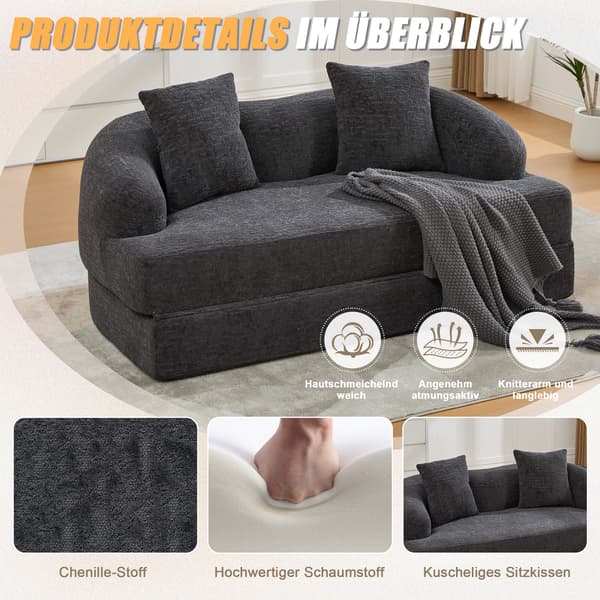 SONNENH Sovesofa, Chenille, Mørkegrå, 157 × 84 × 65 cm
