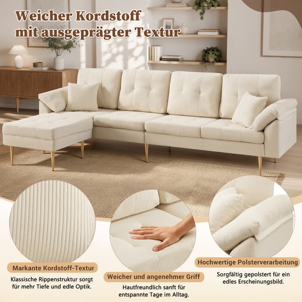 SONNENH Hjørnesofa, Fløjl, Lys beige, 250 × 70 × 87 cm