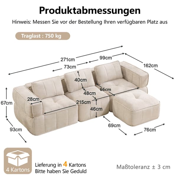 SONNENH 3-personers sofa, Polyester, Beige, 271 × 162 × 67 cm