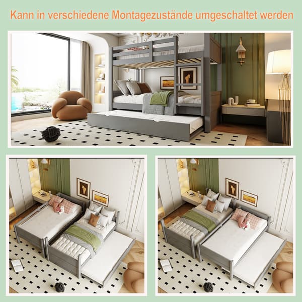 SONNENH 90 x 200 cm trä Bunk Bed med Pull-Out Bed Frame Convertible till Single Bed med säkerhetsjärn, stege och Slatted Frame, Double Bed, Gray