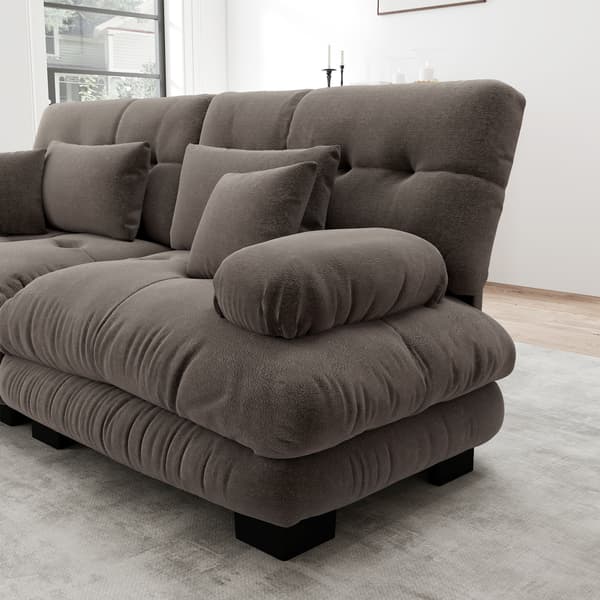 SONNENH Cloud hörn soffa för vardagsrum, chenille dubbel soffa med 2 lumbar kuddar och 2 dekorativa kuddar, solid trä ram, chenille brun