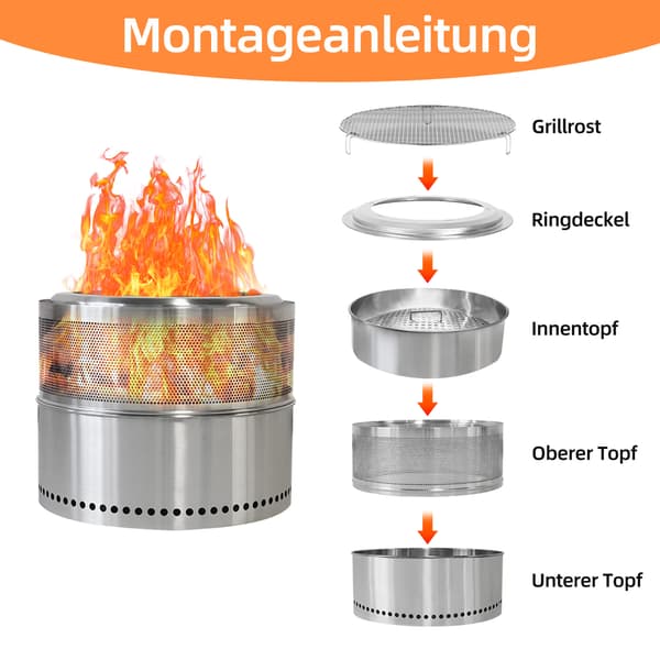 SONNENH Rökfri eldstad, vedeldad eldstad, BBQ eldstad, rostfritt stål, bärbar utomhus