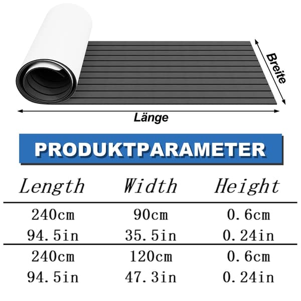 Selvklæbende EVA båddæksmåtte 240×90×0,6 cm, mørkegrå med sorte striber, 6 mm