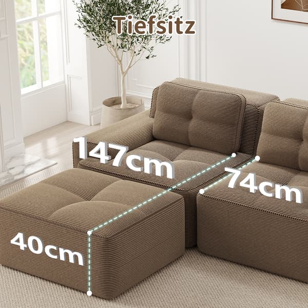 SONNENH Cloud Modular Sofa Boneless L Formet Sofa, Modular Sofa med Ottoman, Modular Cloud Sofa, 3 Sæder Corduroy Cloud Sofa til levende værelse