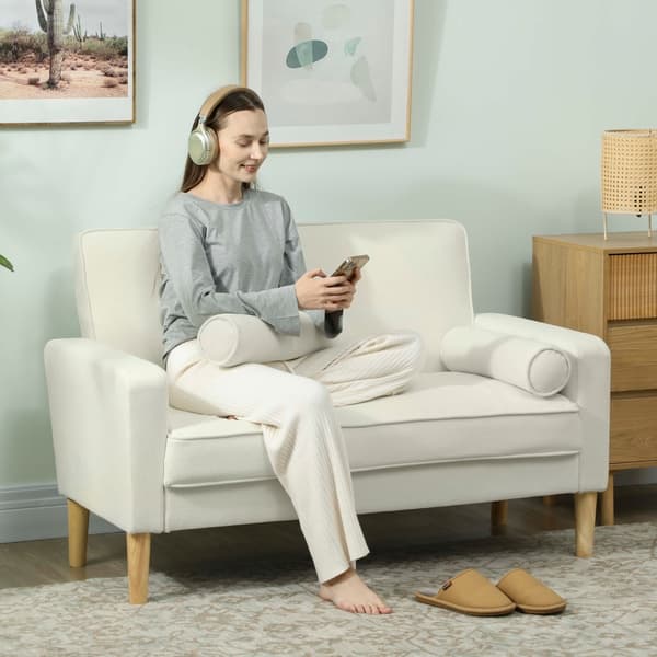 SONNENH 2-sits soffa Dubbelsitssoffa med gummiträben Stoppad soffa för vardagsrummet Sovrum Creme White